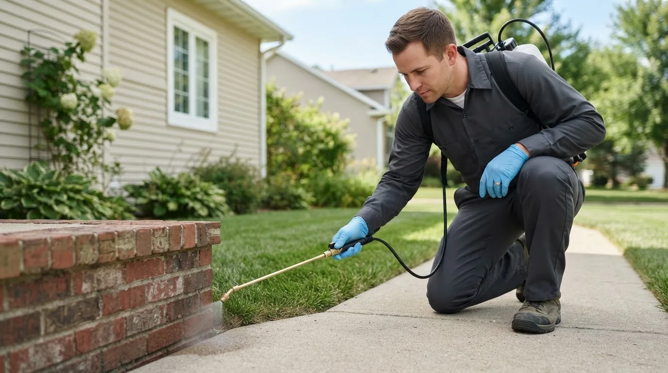 Pest control technician treating a home near Coolidge, KS